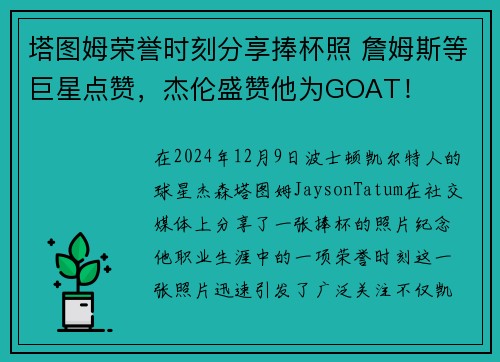 塔图姆荣誉时刻分享捧杯照 詹姆斯等巨星点赞，杰伦盛赞他为GOAT！
